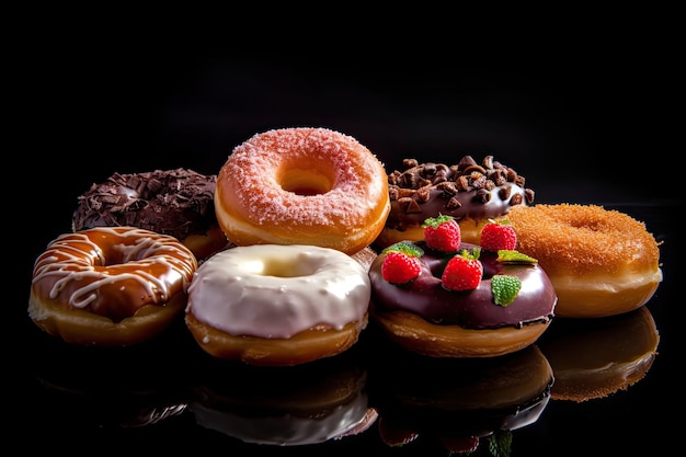 Verse Diverse Zelfgemaakte Gastronomische Geglazuurde Donuts Op Zwarte Achtergrond