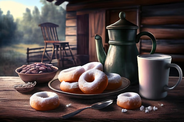 Verse donuts met suikerpoeder en koffie met melk op een houten tafel Generatieve Ai