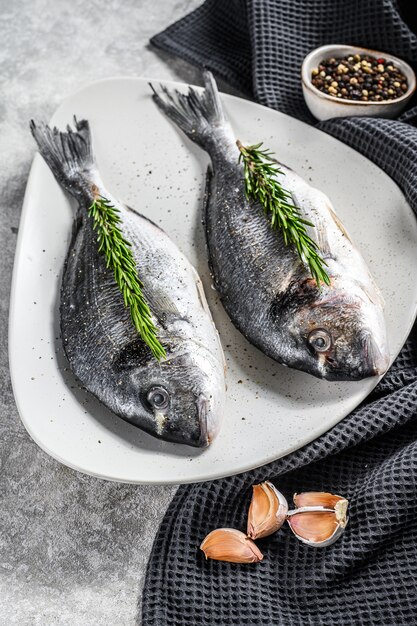 Verse Dorado-vissen klaar om te koken. Grijze achtergrond. bovenaanzicht.