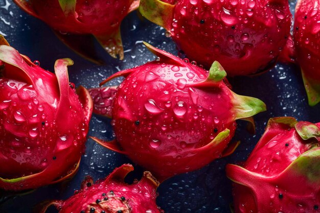 Verse Dragon fruit naadloze achtergrond zichtbare druppels water AI gegenereerd