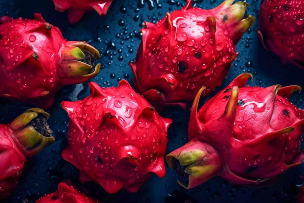 Verse Dragon fruit naadloze achtergrond zichtbare druppels water AI gegenereerd