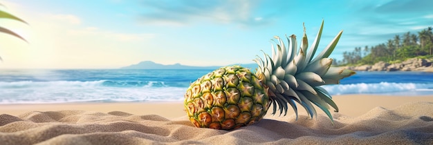 Verse en heerlijke hele ananas met bladeren op het strandzand tegen