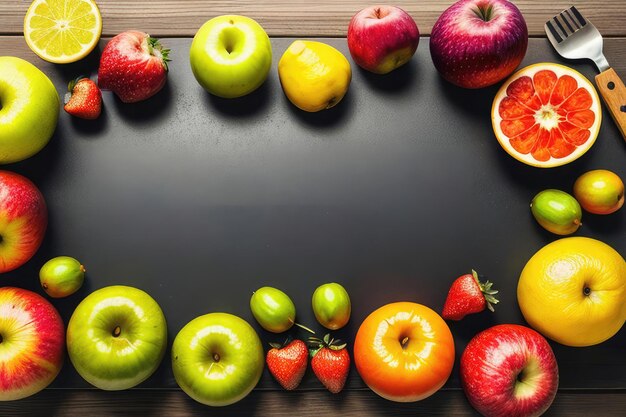 Verse en kleurrijke groenten en fruit in een houten kist op een houten achtergrond