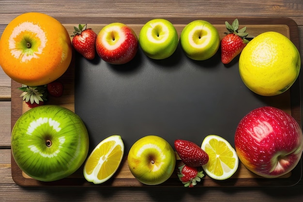 Foto verse en kleurrijke groenten en fruit op een bord op een houten achtergrond