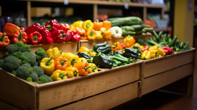 Verse en kleurrijke paprika's en broccoli in houten kratten op een boerenmarkt