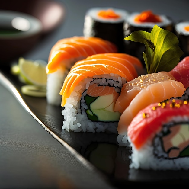 Verse en smakelijke sushi op de serveerschaal studio foto achtergrond generatieve AI