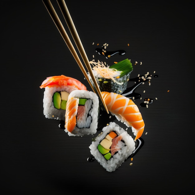 Verse en smakelijke sushi op de serveerschaal studio foto achtergrond generatieve AI