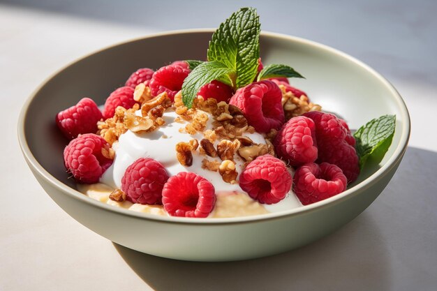 Verse frambozen yoghurt granola mint ontbijt schotel