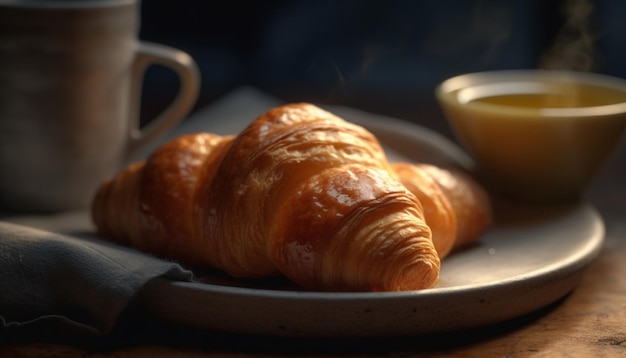 Verse Franse gebak en koffie op een rustieke tafel gegenereerd door kunstmatige intelligentie