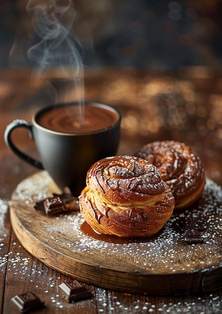 Verse Franse gebakjes en een theekop op een houten tafel.