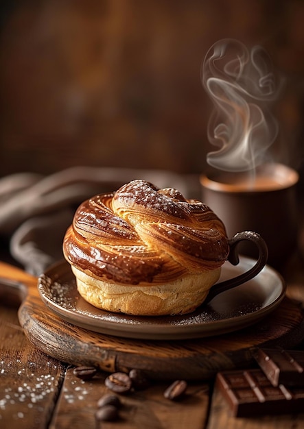 Verse Franse gebakjes en een theekop op een houten tafel.