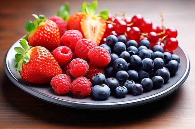Verse fruitplaat met framboos, aardbeien, druiven en blauwe bessen
