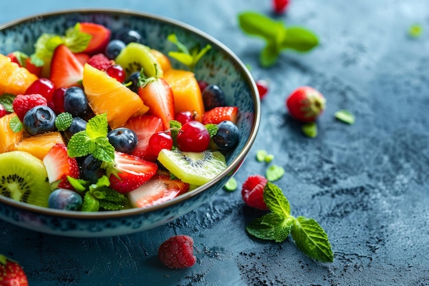 Foto verse fruitsalade met kiwi's, aardbeien en frambozen