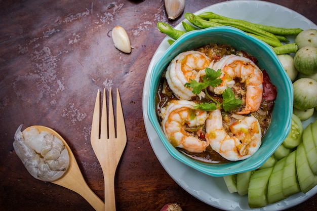 Foto verse garnalen chili paste bij het diner