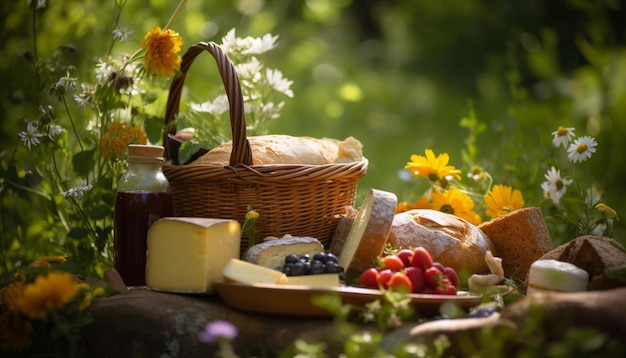 Verse gastronomische maaltijd in rustieke picknickmand gegenereerd door AI