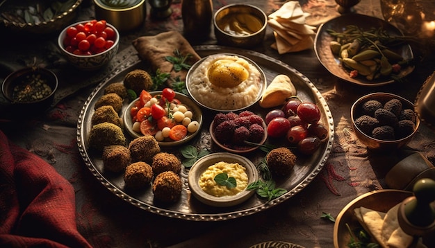 Verse gastronomische maaltijd op rustieke houten tafel gegenereerd door AI