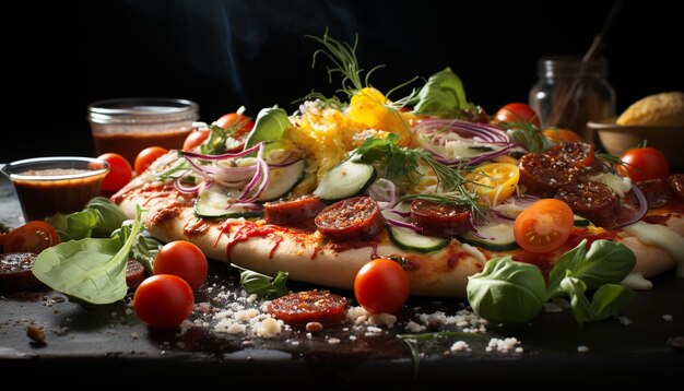 Foto verse gastronomische salade met gegrild vlees op rustieke houten tafel gegenereerd door kunstmatige intelligentie