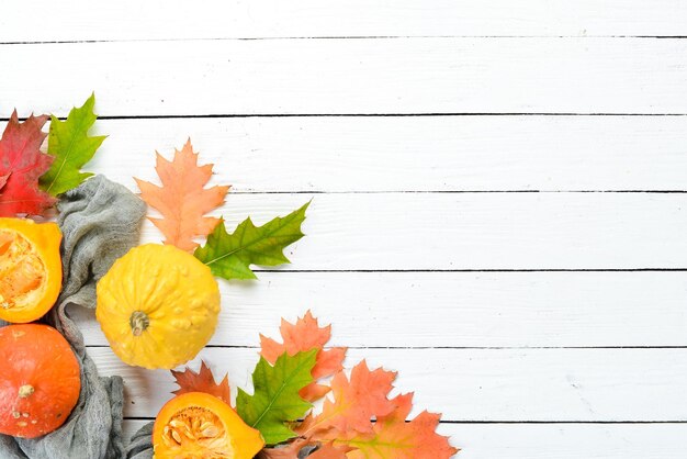 Verse gekleurde pompoenen en gekleurde herfstbladeren Herfstgroenten plat op een witte houten achtergrond Bovenaanzicht Vrije ruimte voor uw tekst