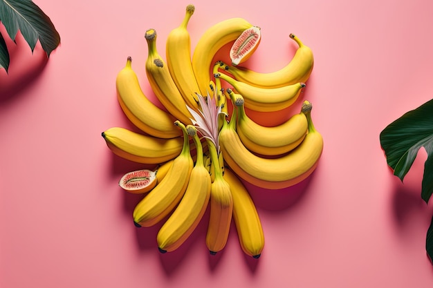 Verse gele bananen in een levendig fruitontwerp op een roze achtergrond vanaf de top