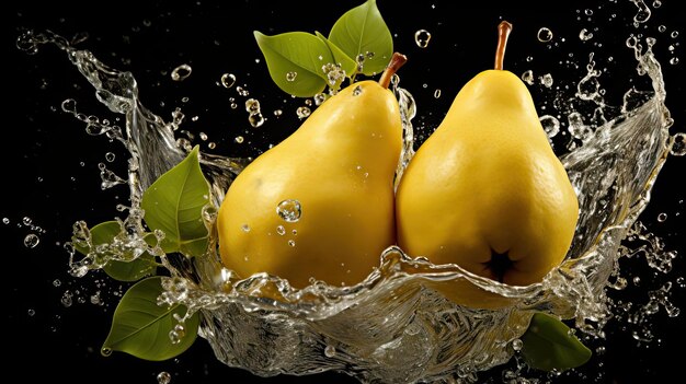Verse gele peren bespat met water op een zwarte onscherpe achtergrond
