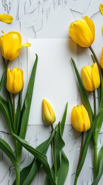 Verse gele tulpen bloeien rond een leeg wit papier op een gebarsten wit oppervlak een minimalistisch maar opvallend beeld