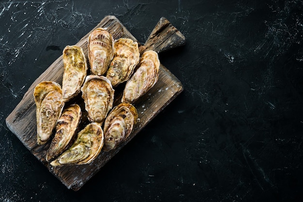 Verse gesloten oesters Zeevruchten Op een zwarte stenen achtergrond Bovenaanzicht Gratis kopieerruimte