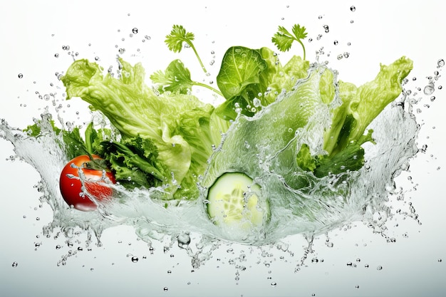 Verse gezonde biologische groene groenten met vallende ijswaterdruppels op witte achtergrond