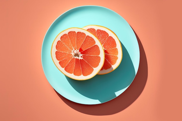 Verse gezonde grapefruit in harde schaduwen en zonlicht Creatief concept van minimale voeding op een pastelblauwe achtergrond Citrusvruchten worden gesneden door grapefruit