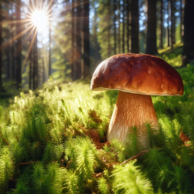 Verse gezonde paddenstoel in groen zonnig naaldbos ai generatief