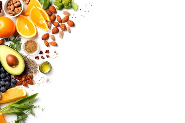 Verse gezonde supermarktvruchten noten avocado sinaasappels op witte achtergrond met lege kopieerruimte