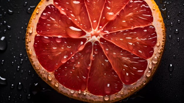 Verse grapefruit met waterspatten en druppels op zwarte achtergrond