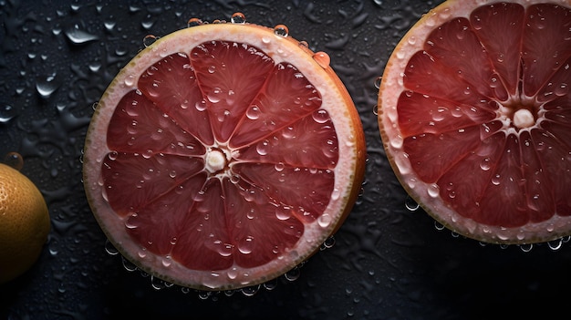 Foto verse grapefruit met waterspatten en druppels op zwarte achtergrond