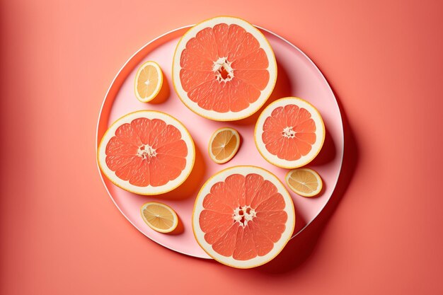 Verse grapefruitplakken in een levendig fruit op een roze achtergrond minimalistisch platliggend idee