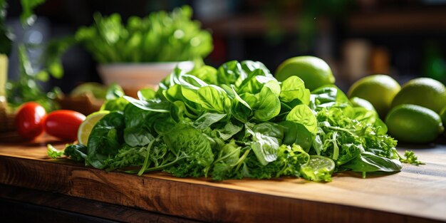 Verse greens close-up dauwdruppels op bladeren greens op tafel vegetarisch thema generatieve ai