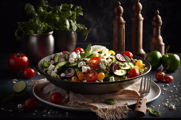 Verse Griekse salade met groenten en olijven op een bord Generatieve AI