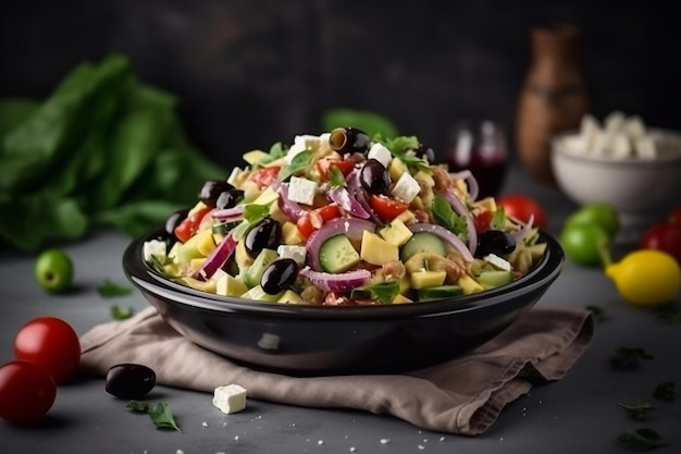 Verse Griekse salade met groenten en olijven op een bord Generatieve AI