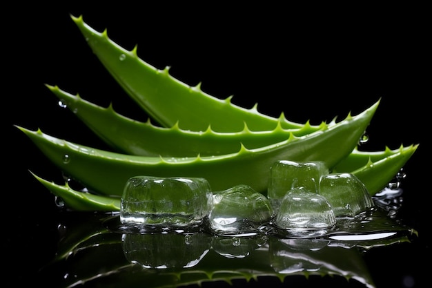 Foto verse groene aloë vera bladeren met gel op zwarte achtergrond