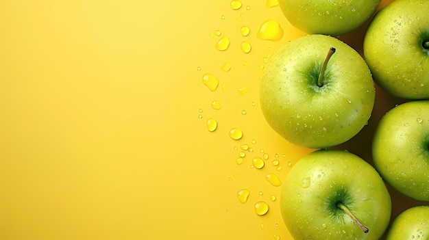 Verse groene appels met waterdruppels op gele achtergrond