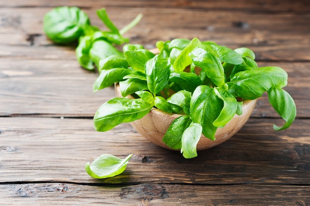 Verse groene basilicum op de tafel