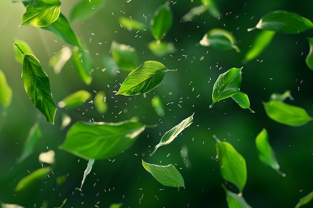 Verse groene bladeren met waterdruppels die in de lucht vliegen Natuur achtergrond