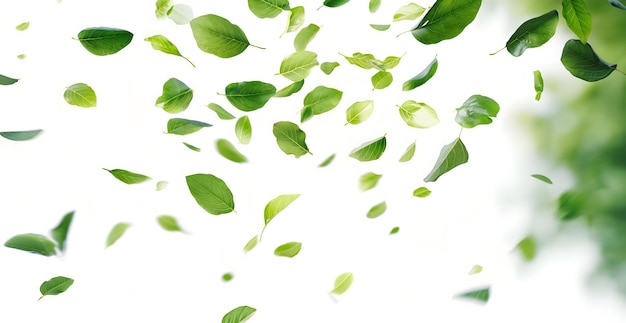 Foto verse groene bladeren vallen of drijven op een witte achtergrond