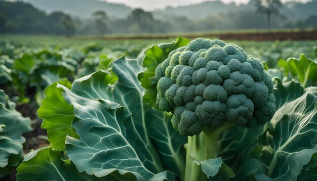 Verse groene broccoli in de velden met ochtendverlichting