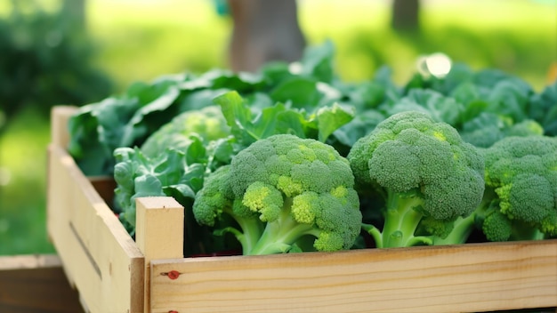 Verse groene broccoli in een houten doos op een wazige achtergrond close-up