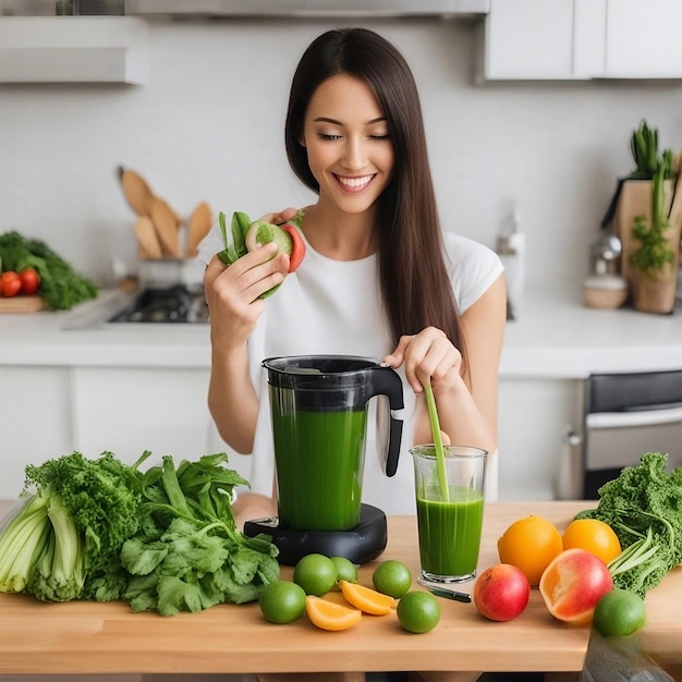 Verse groene groente smoothie vrouw maken in pot