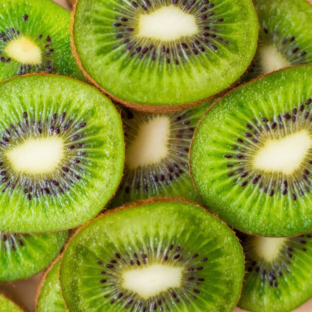 Verse groene kiwi achtergrond. Plat lag, bovenaanzicht, voedselconcept. Voedselkader met exemplaarruimte voor uw tekst. Banner. Groene kiwi cirkels textuur