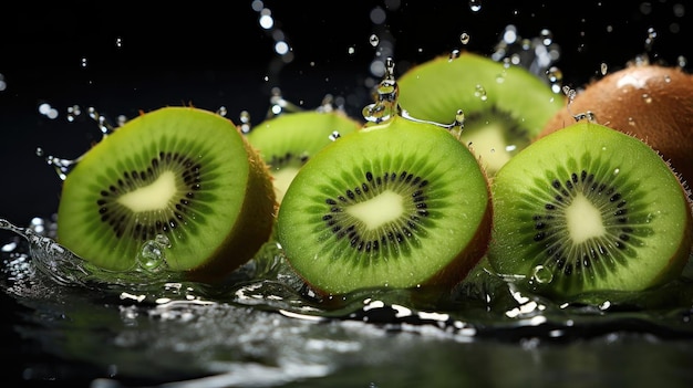 Verse groene kiwi's bespat met water op zwarte en onscherpe achtergrond