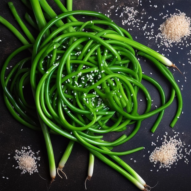 Verse Groene Knoflookpijlen Met Sesamzaden