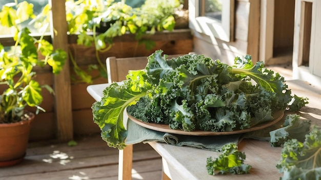 Verse groene koolbladeren op een houten tafel