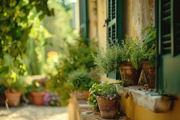 Verse groene kruiden basiliekruid, rozemarijn en koriander in potten op het terras van het huis