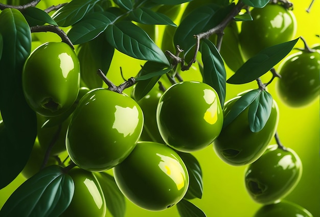 Foto verse groene olijven levendig groene achtergrond en mollig en glinsterend met druppels olievangst